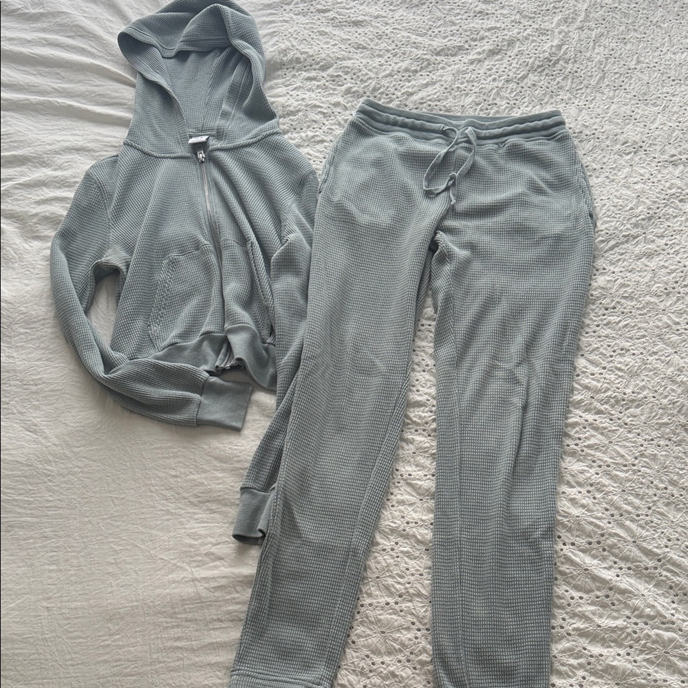 Aritzia Sage Green (almost blueish in person) Waffle Lounge Set